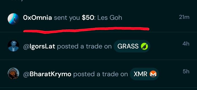 A notification shows "0xOmnia sent you $50" circled in red, highlighting the $50 stimmy referenced in the post, with other recent trading activity from @IgorsLat on GRASS and @BharatKrymo on XMR displayed below.