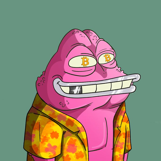 A cartoonish pink figure with a wide grin wearing an orange patterned shirt, featuring Bitcoin (₿) symbols in its eyes.