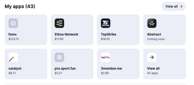 A 'My apps (43)' dashboard listing dapps such as 'fomo' ($123.13), 'Ethos Network' ($17.90), 'TopStrike' ($16.05), 'Abstract' (Coming soon), 'catalyst' ($9.71), 'pro.sport.fun' ($3.21), and '3member.me' ($2.69).
