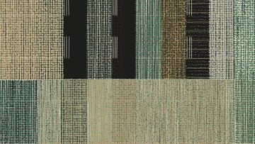 A pixelated, glitch-art style composition in muted greens, beiges, and blacks—resembling woven textile patterns or fragmented digital code—serves as the visual artwork for Christian's generative piece "Ersbla," minted on Tezos at the "Proof of People" exhibition at Fabric London in 2023.
