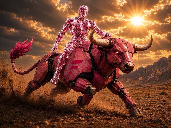 A translucent, crystal-like humanoid figure rides a massive, mechanical red bull across a dusty desert at sunset. The image symbolizes a bullish crypto trade, visually representing the post's confident swap of USD₮0 for FLR tokens, suggesting the rider is charging ahead on a powerful, market-ready beast.