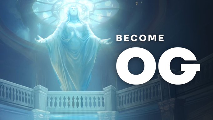 A glowing ethereal statue of a robed figure with outstretched arms stands in a grand celestial hall, paired with bold white text reading "BECOME OG," visually reinforcing the post's invitation for stakers to gain entry into the exclusive OG pool on Base by holding 10,000+ $CHECK.