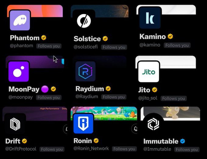 Screenshot of a Twitter/X Following list showing crypto and Web3 accounts like Phantom, Solstice, Kamino, MoonPay, Raydium, Jito, Drift, Ronin, and Immutable.