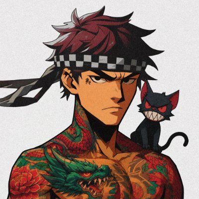 An anime-style illustration of a stern young man with dark red spiky hair, a checkered headband, and extensive dragon and floral tattoos across his chest and arms, with a small black cat with red eyes perched on his shoulder.