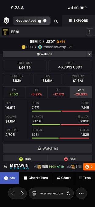A mobile screenshot of a cryptocurrency tracking app showing BEM/USDT token data with a price of $46.79, -20.93% 24H change, $1.6M FDV, and $83K liquidity on PancakeSwap v3.