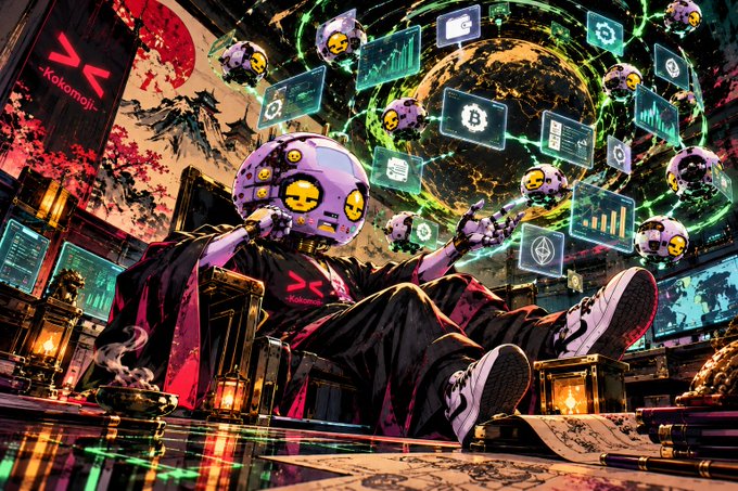 Stylized digital artwork of a figure in a black kokomoji outfit with a purple robotic helmet, surrounded by floating cryptocurrency-themed orbs and data screens in a cyberpunk Japanese setting.