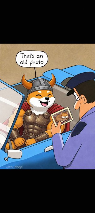 A cartoon illustration showing a Shiba Inu dog dressed as a viking sitting in a blue car, telling a police officer "That's an old photo" as the officer holds up a picture of the dog.