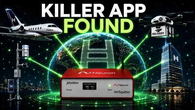 A promotional graphic with 'KILLER APP FOUND' headline showing a Hedera-branded airplane, delivery drone, and city connected via green laser beams to a Neuron AirSquitter device, with a large 'H' logo in the background.