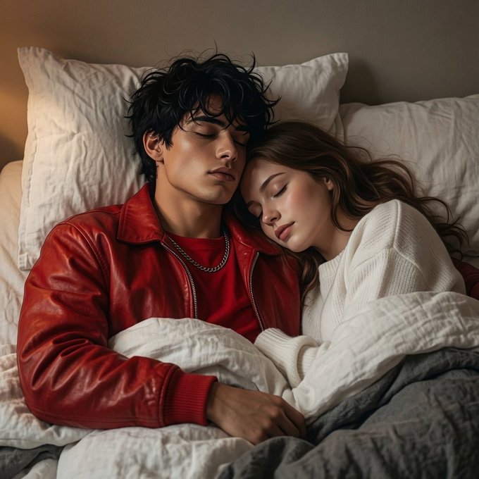 A stylized image showing a young man with dark hair in a red leather jacket and a young woman in a white sweater sleeping peacefully side-by-side in bed.