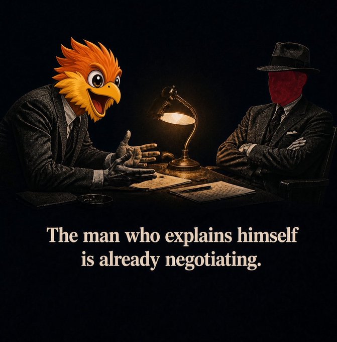 A stylized image of two figures at a table under a lamp: one with an orange bird-like head and suit, and another with a red blank head and black hat, with the quote: 'The man who explains himself is already negotiating.'