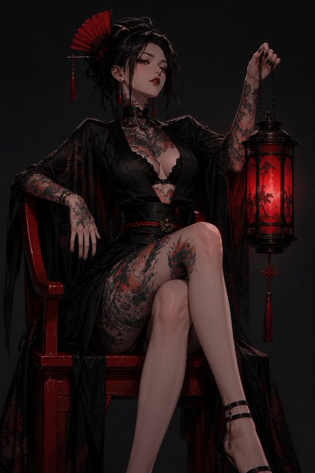 A dark-haired woman in a black lace kimono with floral tattoos sits gracefully on a red chair, holding a glowing red lantern. The elegant, mystical artwork complements the celebratory post thanking Robert for his support and marking the sale as SOLD.