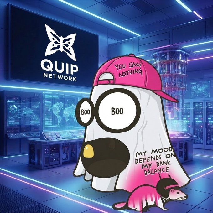 A cartoon ghost character wearing a pink cap reading 'YOU SAW NOTHING' and glasses labeled 'BOO' poses with text 'MY MOOD DEPENDS ON MY BANK BALANCE', in front of a 'QUIP NETWORK' screen in a futuristic server room.