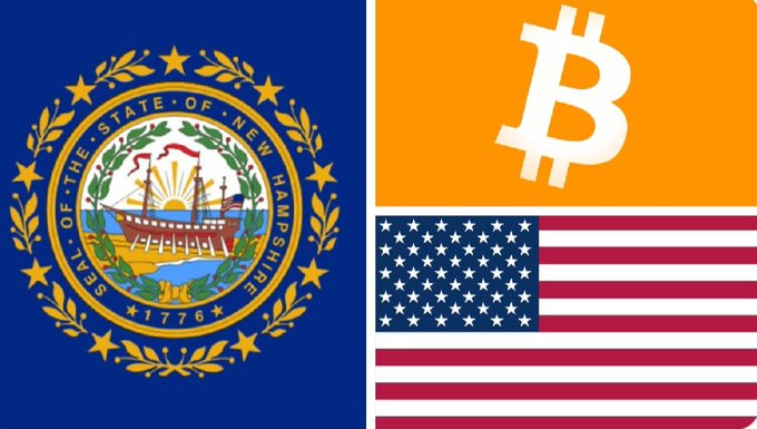 The image shows the New Hampshire state seal (left) alongside a Bitcoin logo (top right) and the American flag (bottom right). It visually represents the post's news about New Hampshire's legislative hearing on a $100 million Bitcoin-backed bond, symbolizing the state's potential move into cryptocurrency-backed securities and Bitcoin's entry into traditional debt markets.