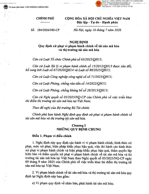 A Vietnamese government document, Nghị định 284/2026/NĐ-CP dated July 16, 2026, regarding administrative penalties and the crypto asset market.