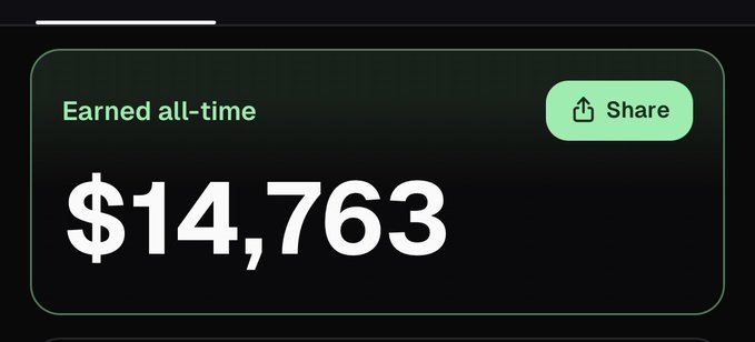 A dark-themed dashboard displays an "Earned all-time" figure of $14,763 alongside a green "Share" button, illustrating the substantial lifetime earnings the user has accumulated through 26 Pumpfun call outs, averaging approximately $550 per call over two months.