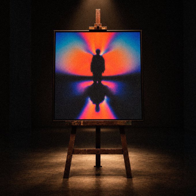 A framed artwork displayed on a wooden easel in a dark room, showing the same silhouette figure with red and blue gradient colors as seen in Image 3.