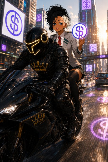 An anime-style illustration of a woman with black and white hair riding on the back of a futuristic black motorcyclist wearing a glowing helmet, surrounded by floating dollar sign symbols in a neon cityscape.
