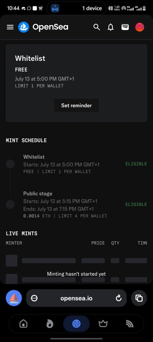 A mobile screenshot of the OpenSea NFT marketplace showing a Whitelist mint schedule starting July 13 at 5:00 PM GMT+1 with a limit of 1 per wallet.