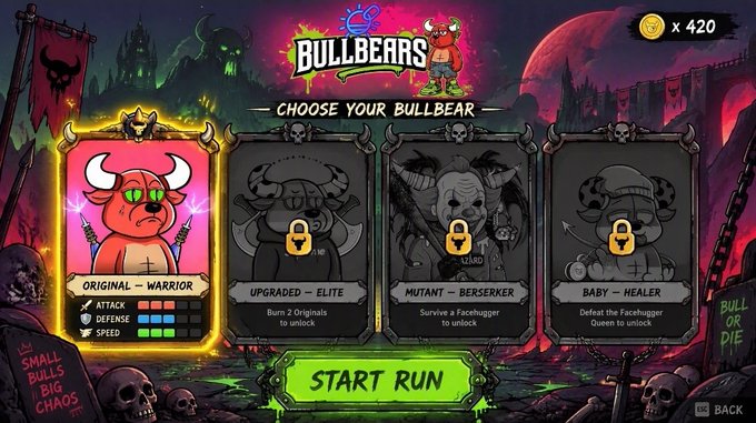 A colorful BullBears game selection screen displays “BULLBEARS,” “CHOOSE YOUR BULLBEAR,” character options including “ORIGINAL – WARRIOR,” “UPGRADED – ELITE,” “MUTANT – BERSERKER,” and “BABY – HEALER,” plus “x 420” and “START RUN.”