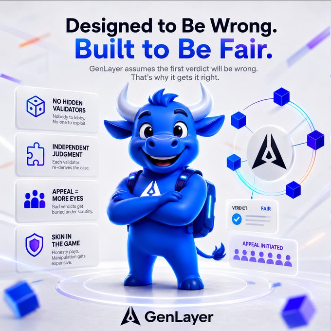 A 3D blue bull mascot stands center stage representing GenLayer, surrounded by floating feature cards highlighting "No Hidden Validators," "Independent Judgment," "Appeal = More Eyes," and "Skin in the Game," under the headline "Designed to Be Wrong. Built to Be Fair." The image visually reinforces the post's emphasis on GenLayer's innovative appeal mechanism, which embraces incorrect verdicts as a core design principle rather than a flaw.