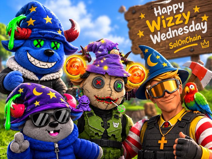 A colorful graphic features animated characters dressed as wizards with a sign reading 'Happy Wizzy Wednesday - SolOnChain.'