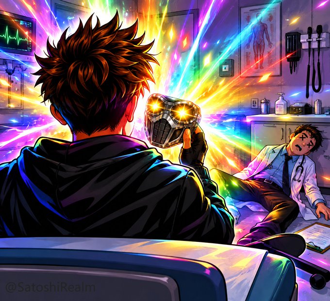 A vibrant anime-style illustration showing a character from behind holding a glowing mask, while another character in a lab coat lies unconscious on a hospital bed, with colorful light effects radiating from the mask. The text '@SatoshiRealm' is visible at the bottom.
