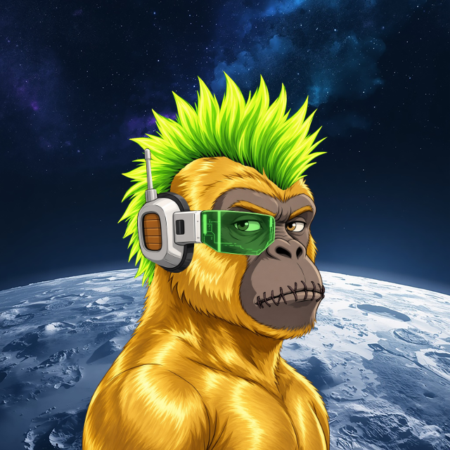 A digital illustration of a gorilla with bright green spiked hair and futuristic green visor glasses, set against a starry space background above a planetary surface.