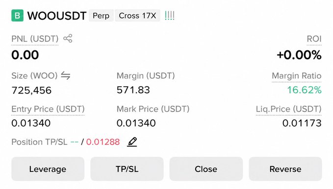 The image shows a Binance perpetual futures position for WOOUSDT with 17x leverage, featuring a long entry at 0.01340 with a current mark price of 0.01340, a liquidation price of 0.01173, and a position size of 725,456 WOO. The post's details align with the screenshot, confirming the long trade entry at 0.01340 and stop-loss at 0.01288, though the current PNL shows 0.00 as the position was just opened.