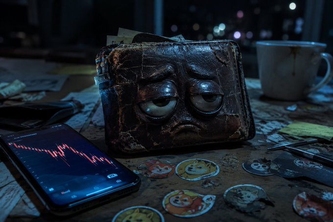 A worn, sad-faced leather wallet sits on a cluttered desk next to a smartphone displaying a sharply declining stock chart in red, surrounded by scattered meme coin pins and an empty coffee mug. The image visually embodies the post's weary confession from the wallet's perspective, exhausted from late-night crypto trading losses and the endless cycle of "buying the top and selling the bottom."