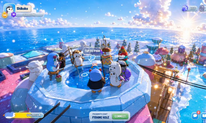 A screenshot from the game 'Club Penguin Island' shows penguin characters fishing on an icy platform with usernames like 'Patty Paws', 'AG84', and 'polloholic' displayed above them.