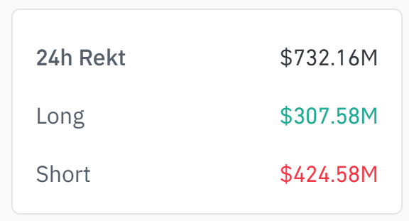 A financial dashboard shows '24h Rekt $732.16M', broken down into 'Long $307.58M' (green) and 'Short $424.58M' (red).