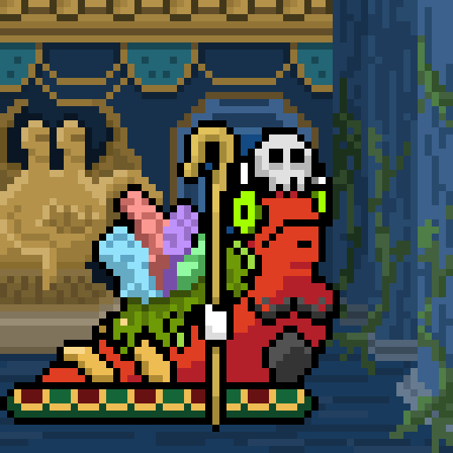 Pixel art depicting a skeletal character in red robes holding a staff and colorful flowers in a temple setting.