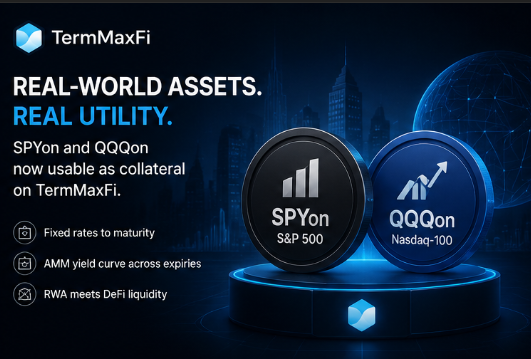 The image features a poster or advertisement for TermMaxFi, which promotes real-world assets such as SPYon and QQQon. The poster displays two blue circles with upward-pointing arrows inside them, symbolizing the growth of these assets over time. The text on the poster highlights that these assets are now available as collateral in a new way, allowing for more efficient tokenization processes. This shift in focus from real-world assets to tokenized assets is an interesting development in the world of finance and asset management.

The image also includes a cityscape with buildings, which adds depth and context to the advertisement. The combination of visual elements and text helps convey the message about TermMaxFi's innovative approach to managing real-world assets by tokenizing them into tradable tokens that can be used as collateral in financial transactions.