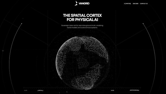 A dark-themed website for VANGrid featuring the headline 'THE SPATIAL CORTEX FOR PHYSICAL AI' with a wireframe globe graphic on a black background.