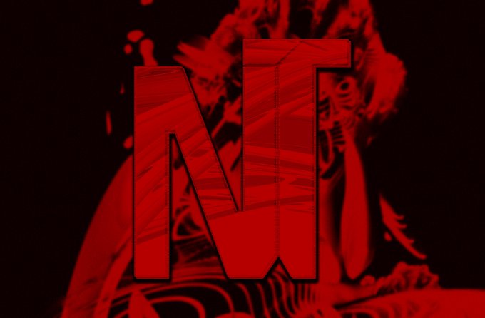 The image shows a bold red "NT" logo (likely standing for "New Testament") overlaid on a dark, red-tinted background featuring what appears to be artwork. This serves as branding for the New Testament NFT collection, with the post directing viewers to secondary marketplace listings for this raster art NFT project.
