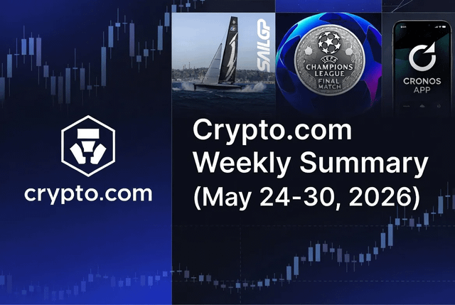 The image features a blue background with white text that reads "Crypto.com Weekly Summary (May 24-30, 2026)" at the top of the screen. Below this, there are three images related to cryptocurrency trading - one showing a sailboat on the ocean and two others depicting coins. The first coin is a silver dollar sign, while the second coin shows a blue circle with a white "C" inside it.