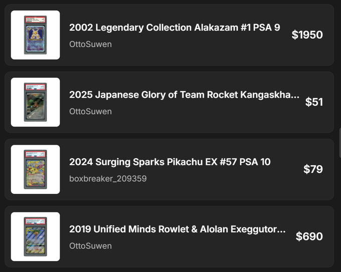 A list of Pokémon card sales totaling over $2,750 from OttoSuwen, including a 2002 Legendary Collection Alakazam PSA 9 for $1,950, a 2025 Japanese Glory of Team Rocket Kangaskhan for $51, a 2024 Surging Sparks Pikachu EX PSA 10 for $79, and a 2019 Unified Minds Rowlet & Alolan Exeggutor for $690—showcasing the profitable pulls from redeeming Beezie points vault vouchers.