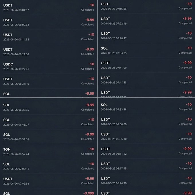 A transaction history screenshot showing multiple completed $10 (USDT, SOL, and TON) payments being sent out on 2026-06-26, with timestamps ranging from 06:04 to 08:00, serving as proof of a "touch and receive $10" giveaway promotion.
