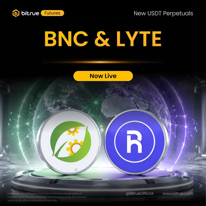 A Bitrue Futures promotional graphic announces the launch of new USDT Perpetuals for $BNC and $LYTE, now live for trading with a "0% Fee" offer. The post reinforces this by inviting users to trade $BNCUSDT and $LYTEUSDT to share a prize pool of 200,000 USDT and enjoy zero trading fees.