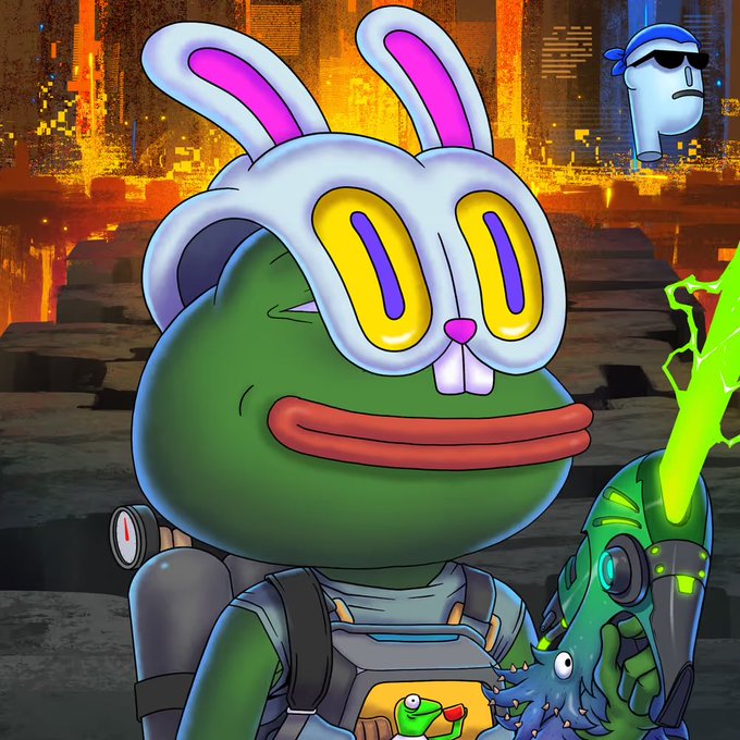 The image features a cartoon frog with a mask, goggles, and a backpack, standing next to a green robot holding a gun. The frog appears to be wearing a helmet that has a face on it, giving it a unique appearance. The background of the image is filled with various buildings, suggesting an urban setting or cityscape. The caption "Show me your @PepeExplorers" implies that this image might be related to a social media account dedicated to sharing interesting and creative content featuring cartoon characters and other cool elements.