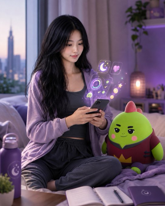 A young woman in a purple cardigan sits on a bed holding a smartphone, with magical floating app icons emanating from the screen and a green plush mascot beside her in a purple-lit room.
