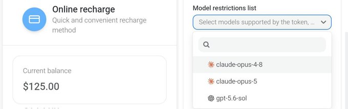 The image shows an "Online recharge" account page displaying a current balance of $125.00, alongside a "Model restrictions list" dropdown showing options like "claude-opus-4-8," "claude-opus-5," and "gpt-5-6-sol." This relates to the $125 promotional offer being discussed, likely illustrating the token credit or balance users receive upon signing up for the Agent Router platform.