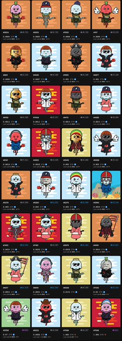 A grid of 28 NFT-style cartoon character avatars, each labeled '#5322', featuring various figures in costumes with different backgrounds and ownership details.