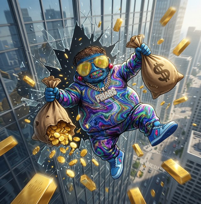 A colorful cartoon illustration of a character in a psychedelic outfit and mask bursting through a skyscraper window, carrying bags spilling gold bars and coins.