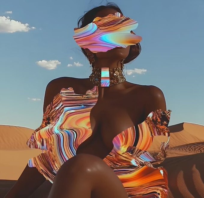 A digitally manipulated image shows a woman in a desert setting with iridescent, colorful distortions covering her face and body.