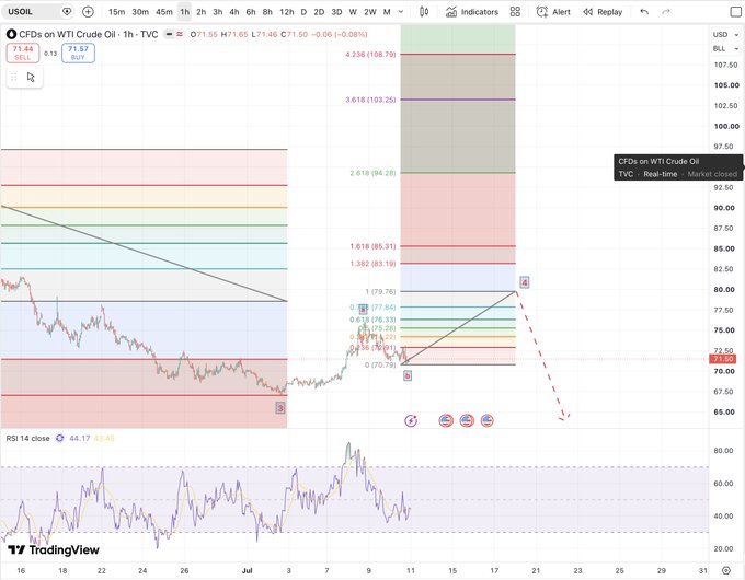 A TradingView chart for 'CFDs on WTI Crude Oil' (USOIL) showing an hour timeframe, price at 71.46, with Fibonacci retracement levels and projected wave patterns marked.