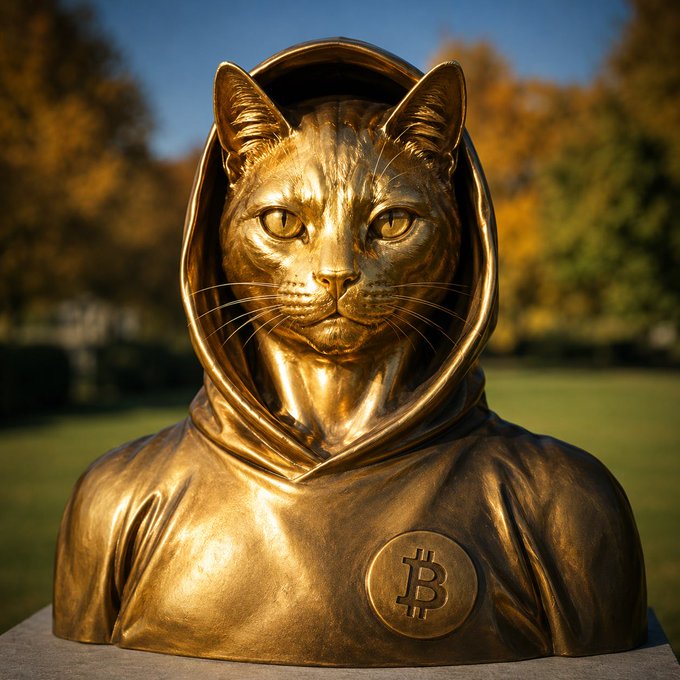 A golden bust of a hooded cat, adorned with a Bitcoin "₿" emblem on its chest, fittingly represents the crypto giveaway post promoting the meme token $CATOSHI with its contract address "AgLh3XRYxVpYzuBceQ3mnEk8bDtfBdpZdURnrj39pump".