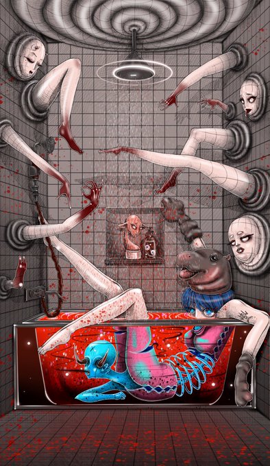 The image features a mannequin with its legs hanging off of a bathtub filled with red liquid, surrounded by various other figures that appear to be clawing at or interacting with the mannequin. The caption reads "It'S like 0.1 to 0.05 eth now How did you miss this? Haning+_Bathtub". This suggests that the image is a creative representation of a bathtub filled with red liquid, and it seems to be part of an art project or a humorous commentary on the concept of bathing.