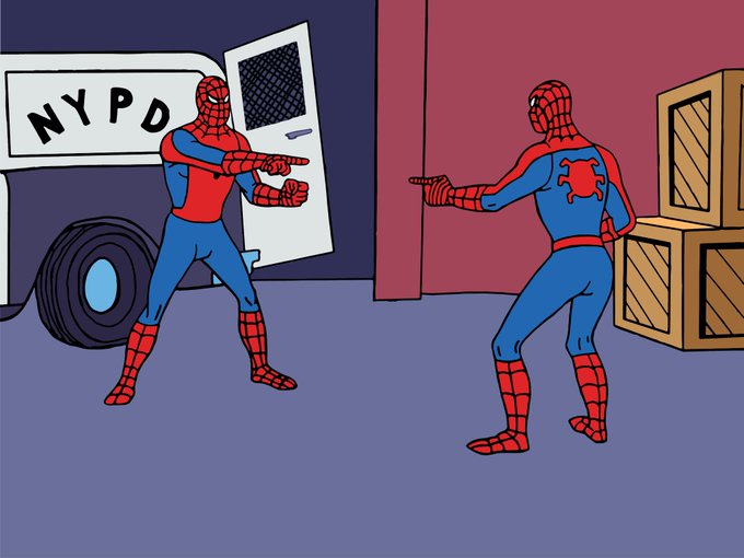 A cartoon depicts two Spider-Men pointing web-shooters at each other in a standoff—identical suits, opposing stances—beside an NYPD van marked "NYPD," illustrating a token swap or replacement just as the new $POLLY has displaced the old one.