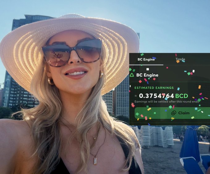A smiling blonde woman wearing a wide-brimmed straw hat and sunglasses takes a selfie at a beach with high-rise buildings in the background, while an inset graphic displays her "BC Engine" earnings of "0.3754764 BCD" with a "Claim" button and celebratory confetti — visually showcasing the staking rewards she references in her post about $BC.